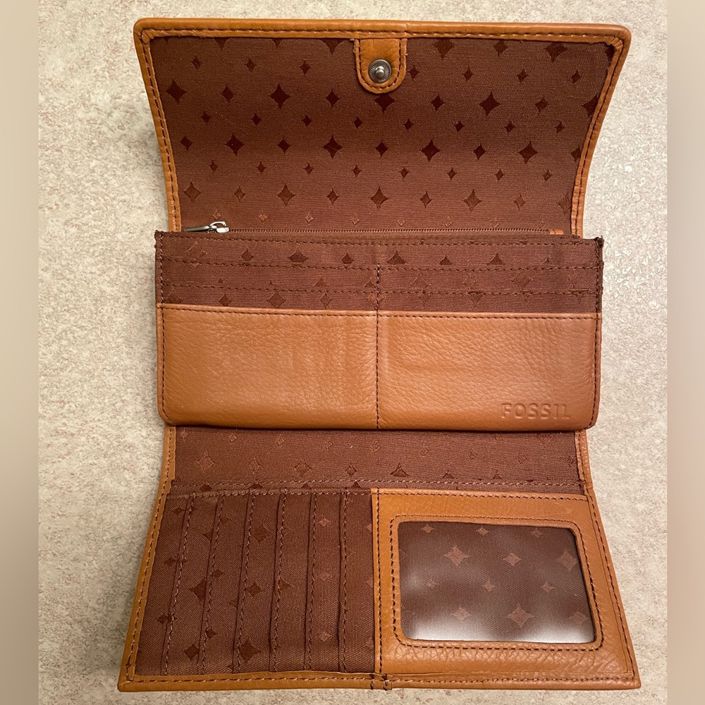 Large Fossil Clutch Wallet Genuine Leather Brown Teal Blue - Picture 3 of 10